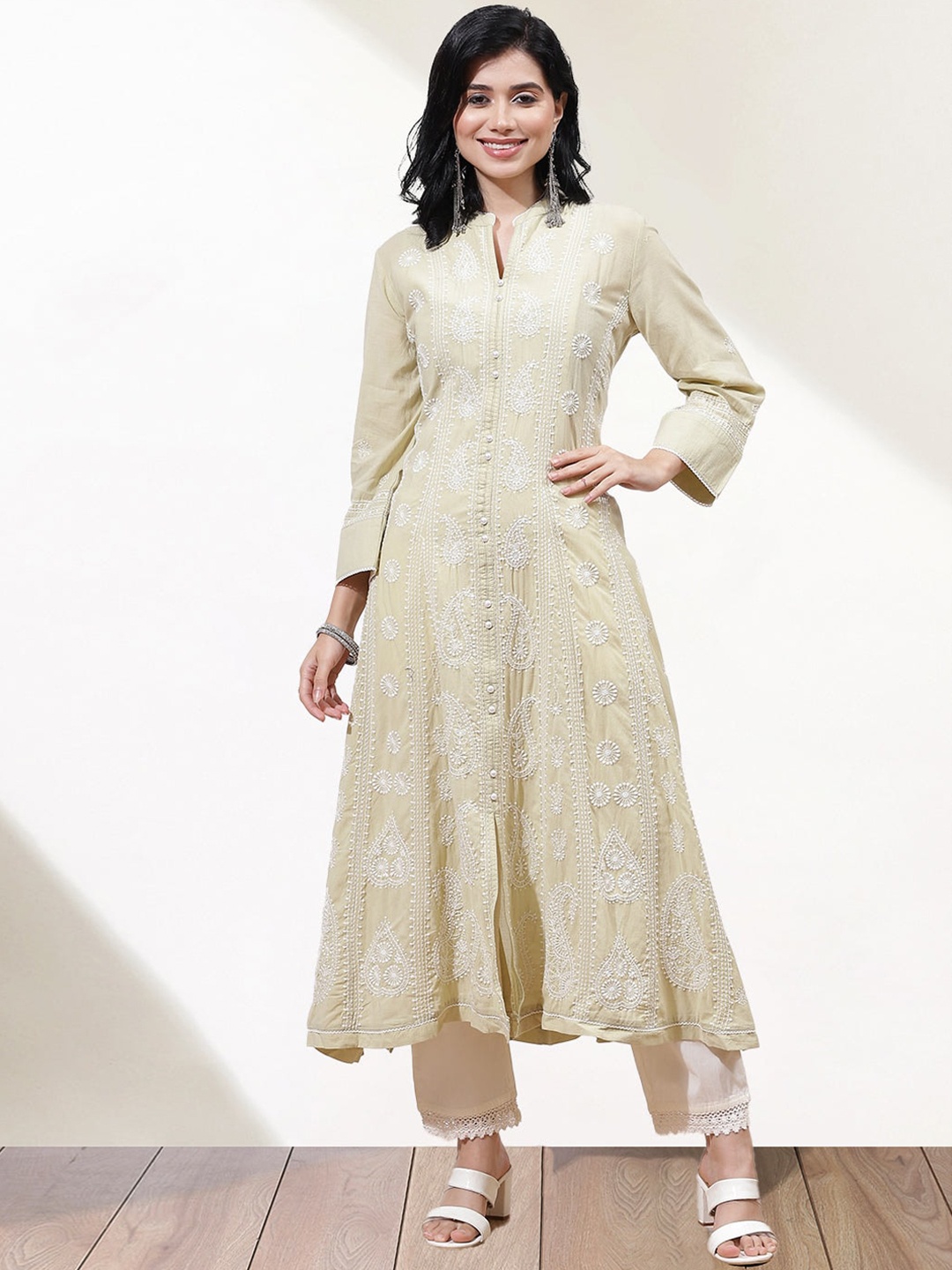 

Lakshita Women Beige Embroidered Georgette A-Line Kurta