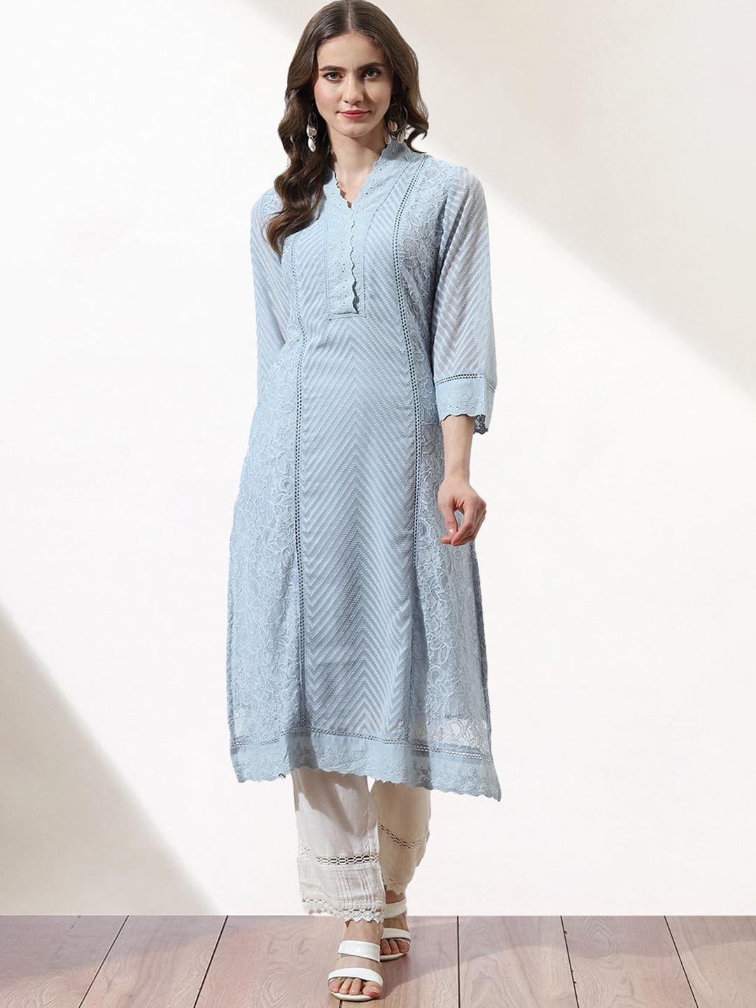 

Lakshita Women Blue Floral Anarkali Kurta with Lace Details