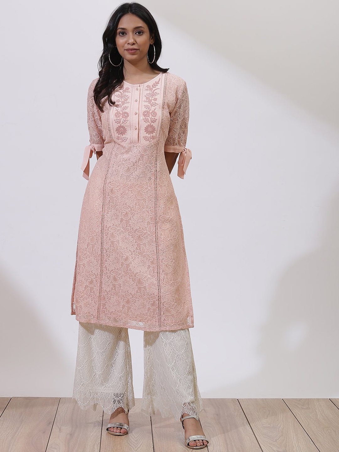 

Lakshita Women Pink Floral Embroidered Cotton Lace Kurta
