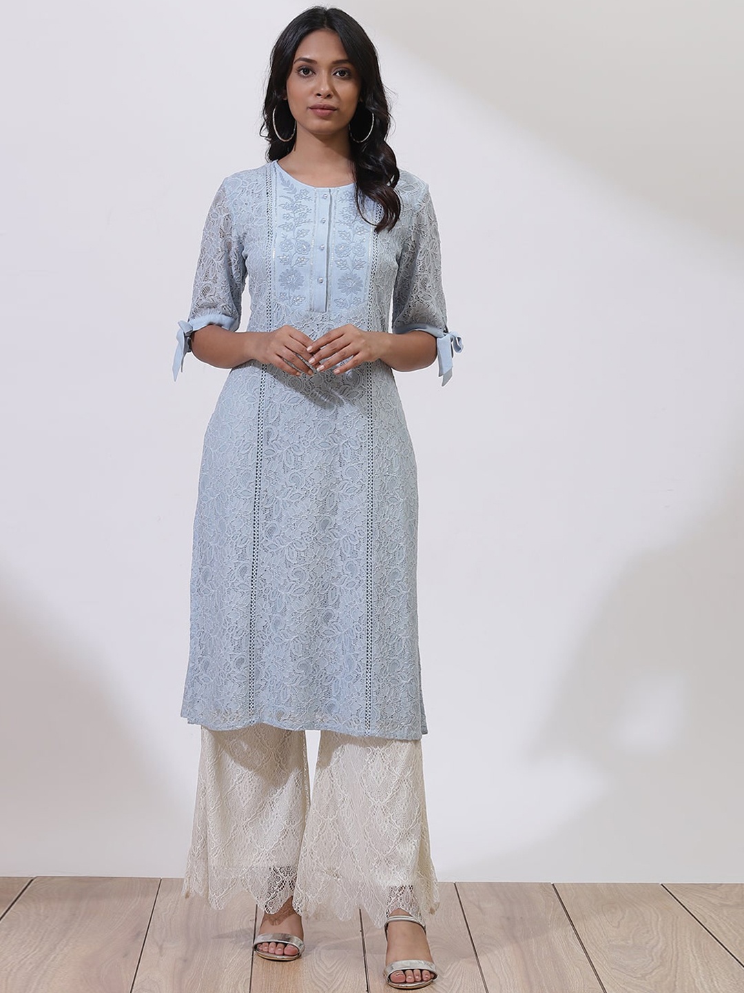 

Lakshita Women Blue Floral Thread Work Cotton Lace Kurta