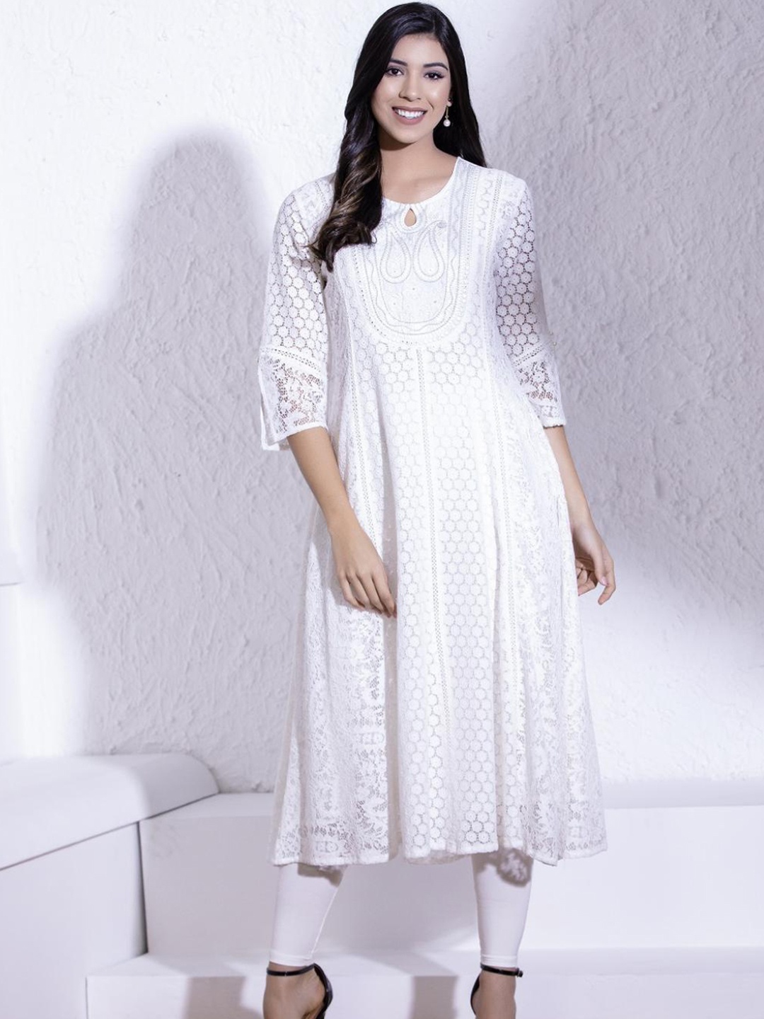 

Lakshita Keyhole Neck Floral Woven Design Thread Work Lace Cotton Anarkali Kurta, White