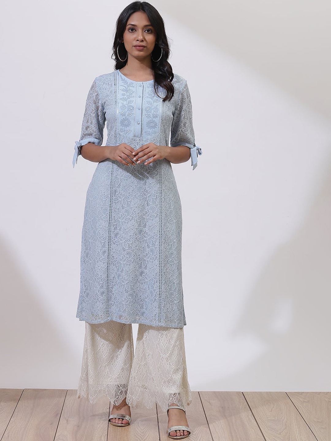 

Lakshita Women Blue Floral Thread Work Cotton Lace Kurta