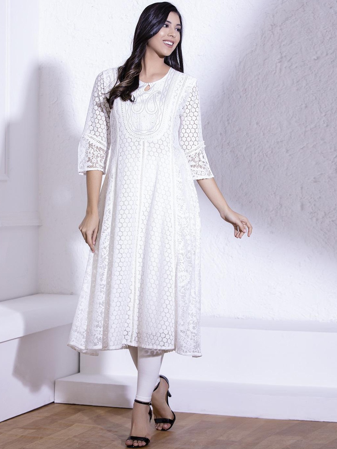

Lakshita Geometric Woven Design Anarkali Cotton Kurta, White