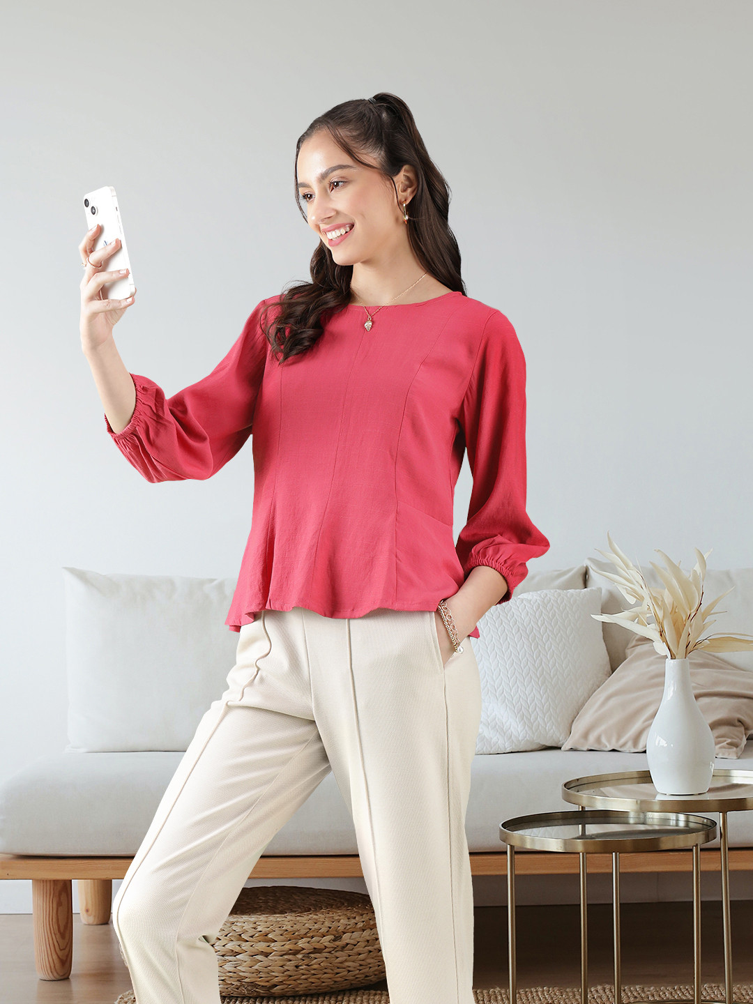 

AND Women Solid Peplum Top, Pink