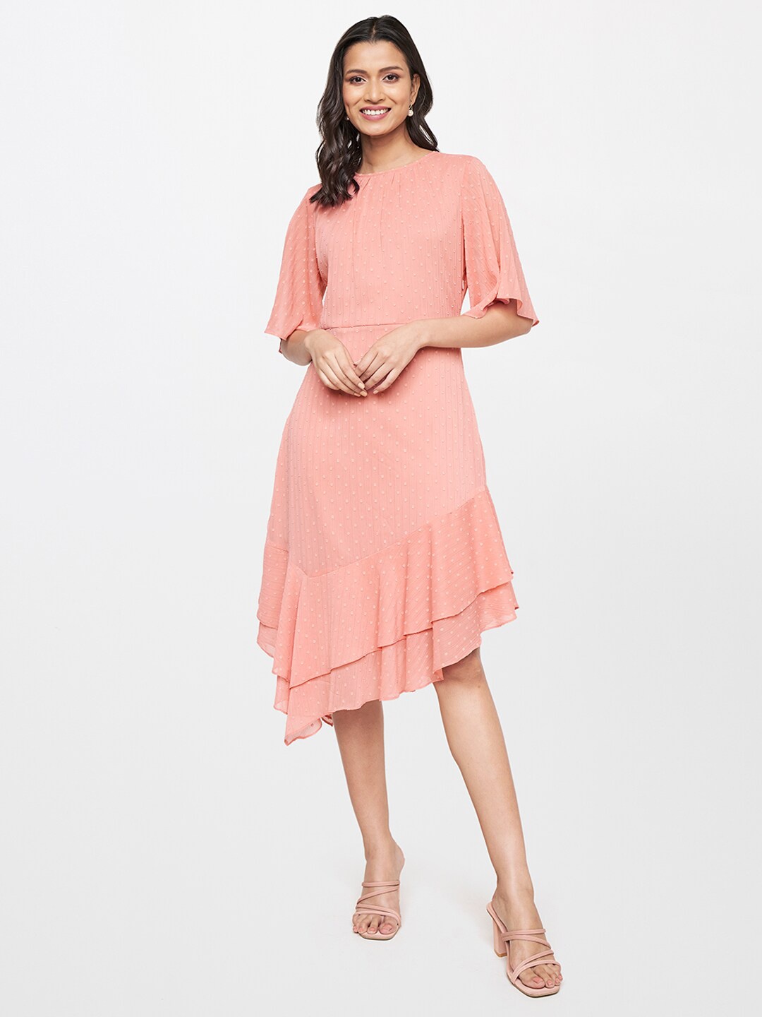 

AND Peach-Coloured Dobby A-Line Dress