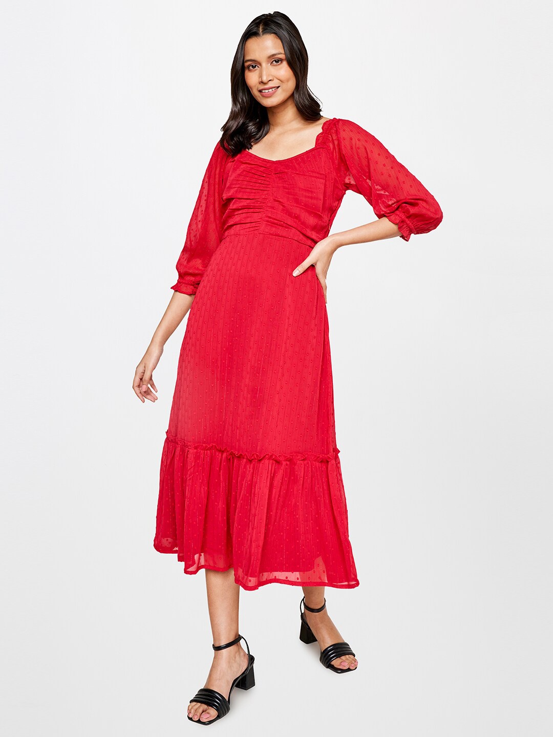 

AND Red A-Line Polka Dot Dobby Midi Dress