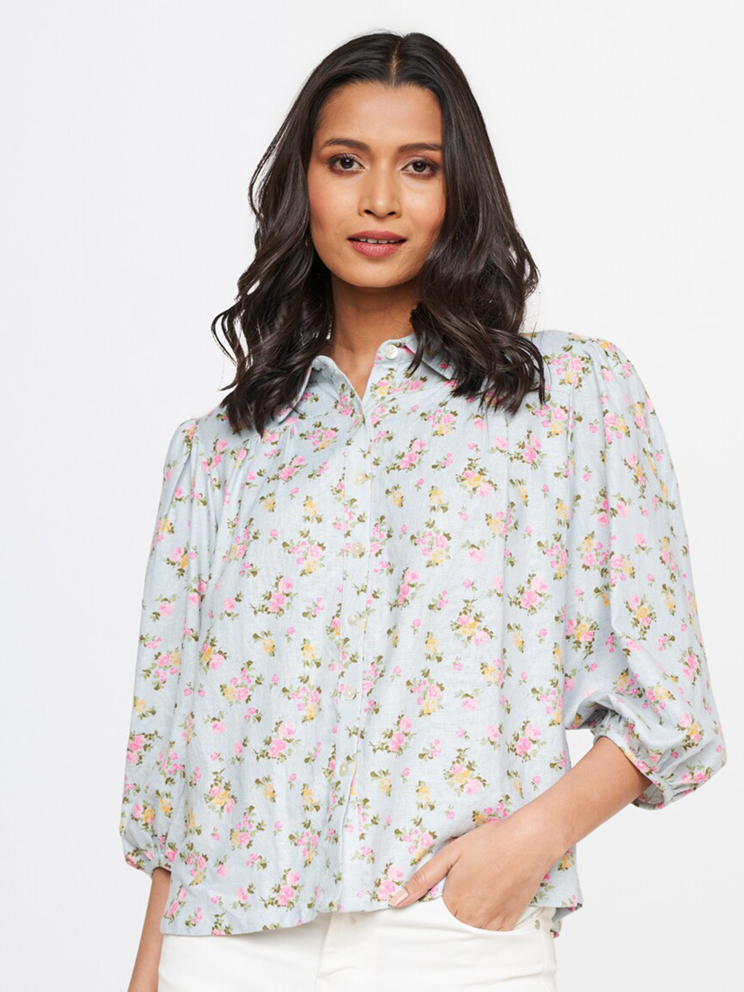 

AND Blue Floral Printed Shirt Style Rayon Top