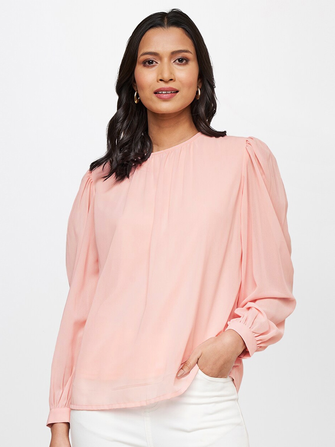 

AND Women Solid Puff Sleeves Top, Peach