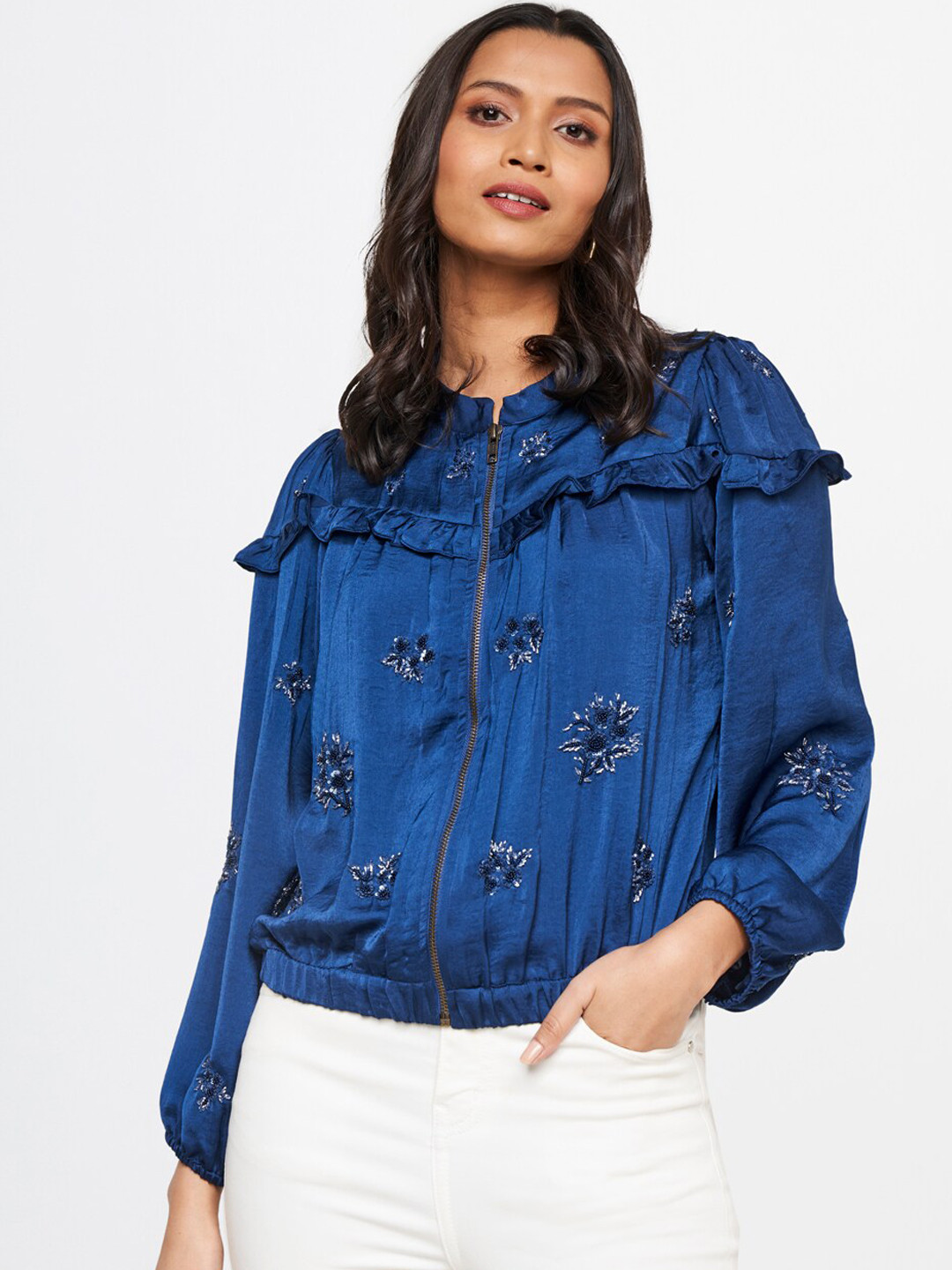

AND Floral Embroidered Bishop Sleeves Ruffled Top, Blue