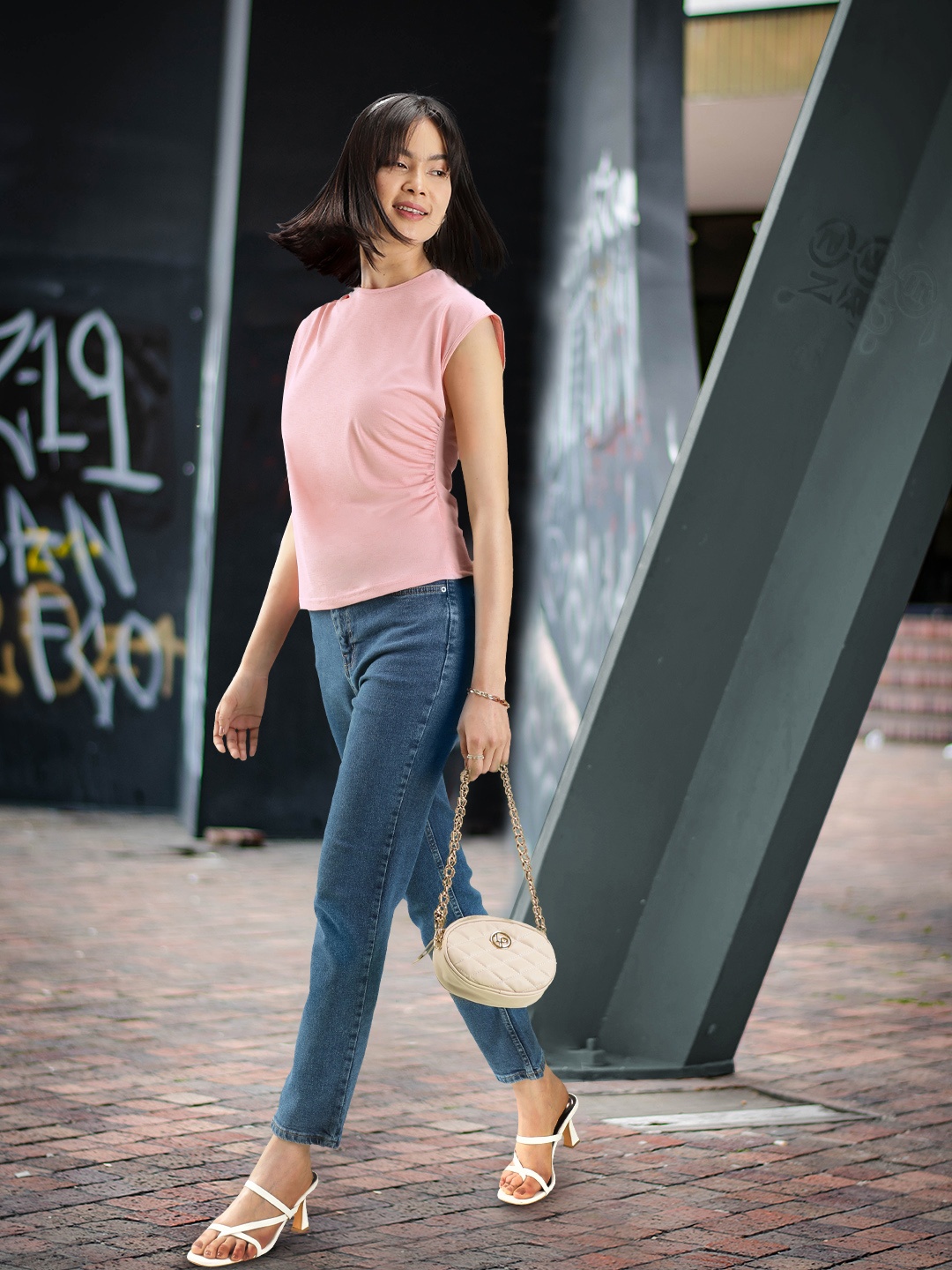 

AND Peach-Coloured Solid Extended Sleeves Top