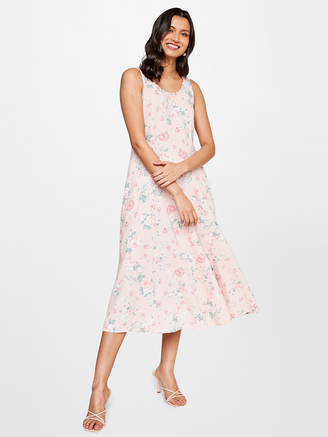 

AND Peach-Coloured Floral Linen A-Line Midi Dress