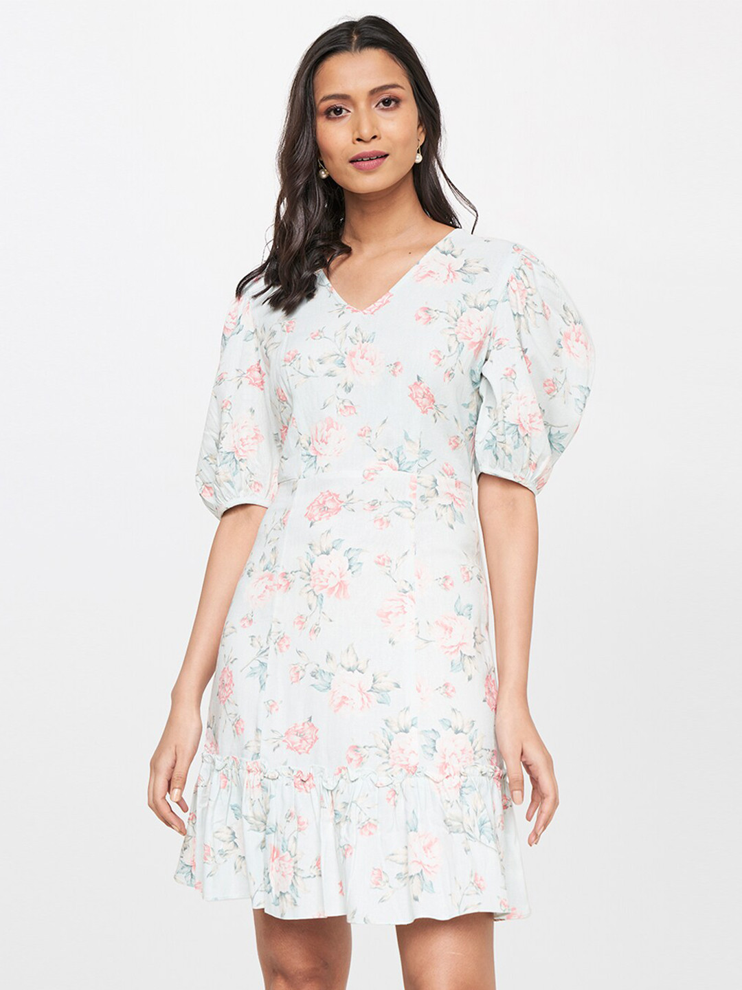 

AND Women Blue & Pink Floral Linen A-Line Dress