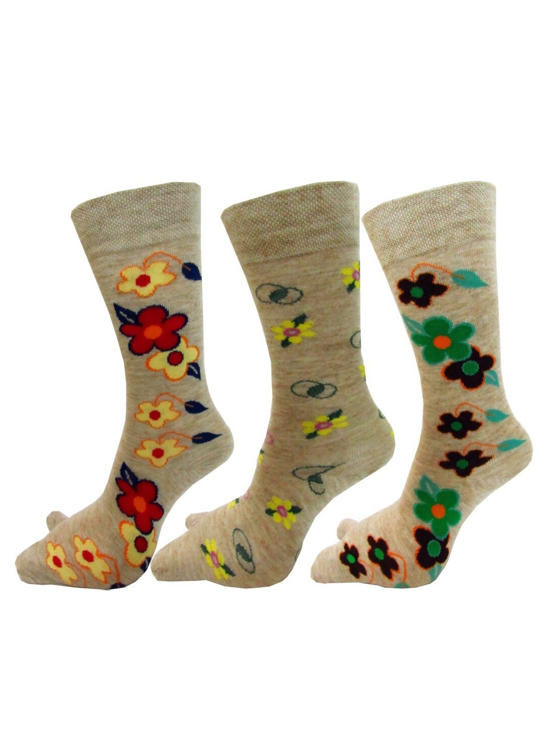

RC. ROYAL CLASS Women Pack Of 3 Beige Floral Patterned Calf-Length Socks