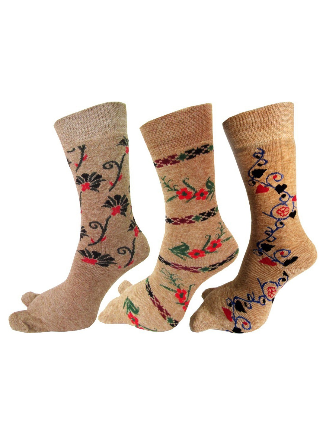 

RC. ROYAL CLASS Women Pack Of 3 Beige Patterned Calf Length Thumb Socks