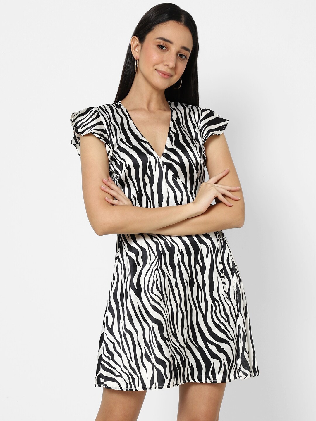 

VASTRADO Women White & Black Animal Cotton Wrap Dress