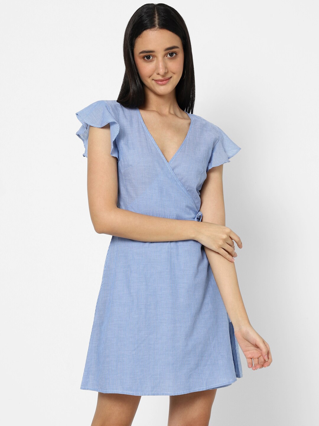 

VASTRADO Women Blue Striped Cotton Wrap Dress