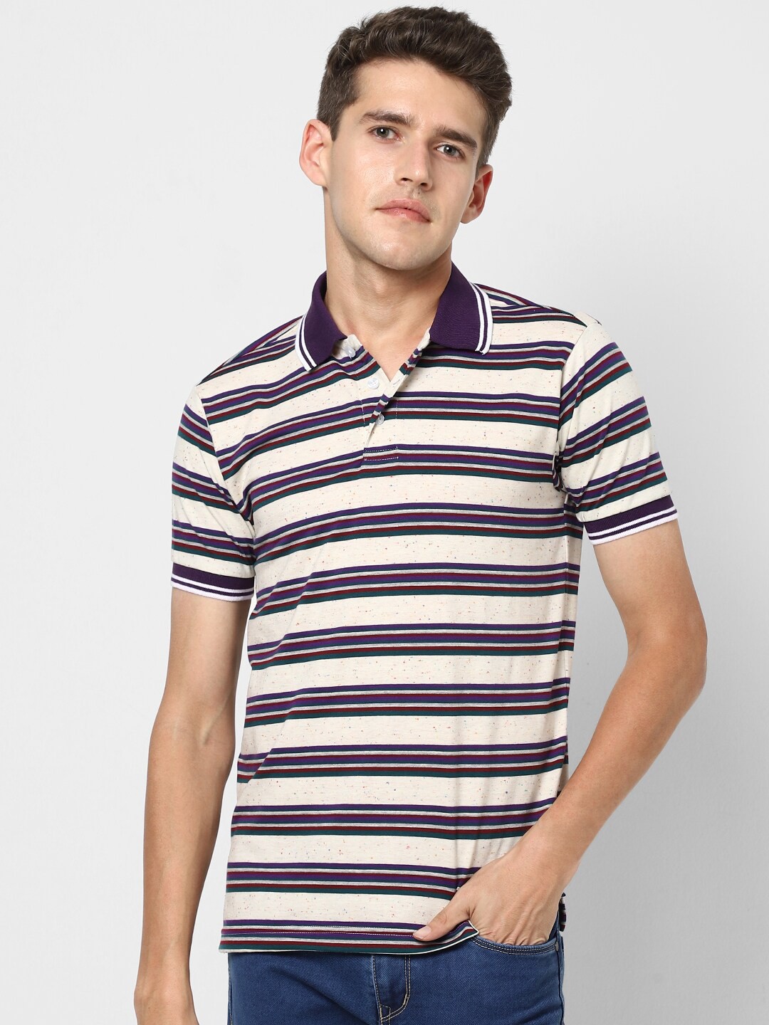 

VASTRADO Men Multicoloured Striped Polo Collar T-shirt, Multi