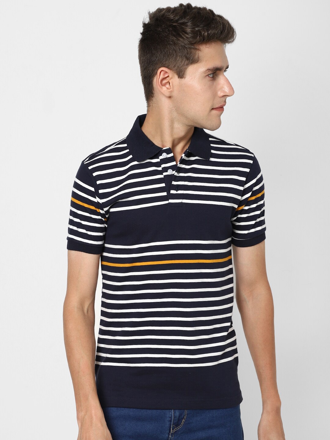 

VASTRADO Men Black & White Striped Polo Collar T-shirt