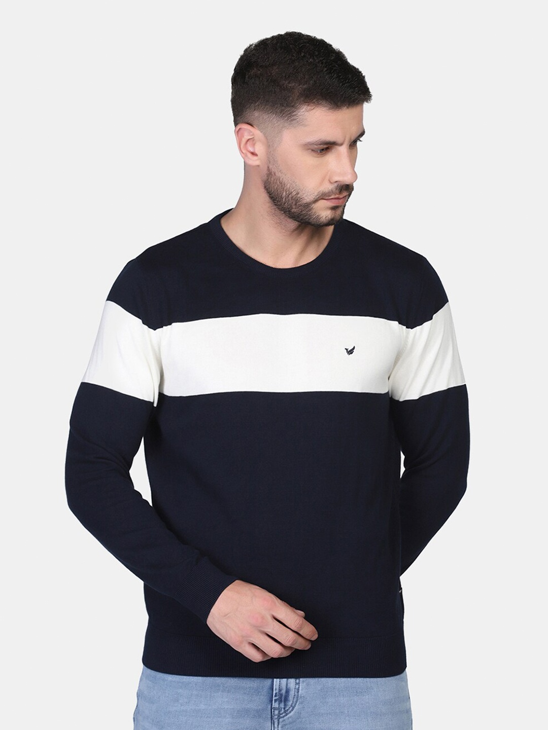 

Blackberrys Men Navy Blue & White Colourblocked Cotton Pullover Sweater