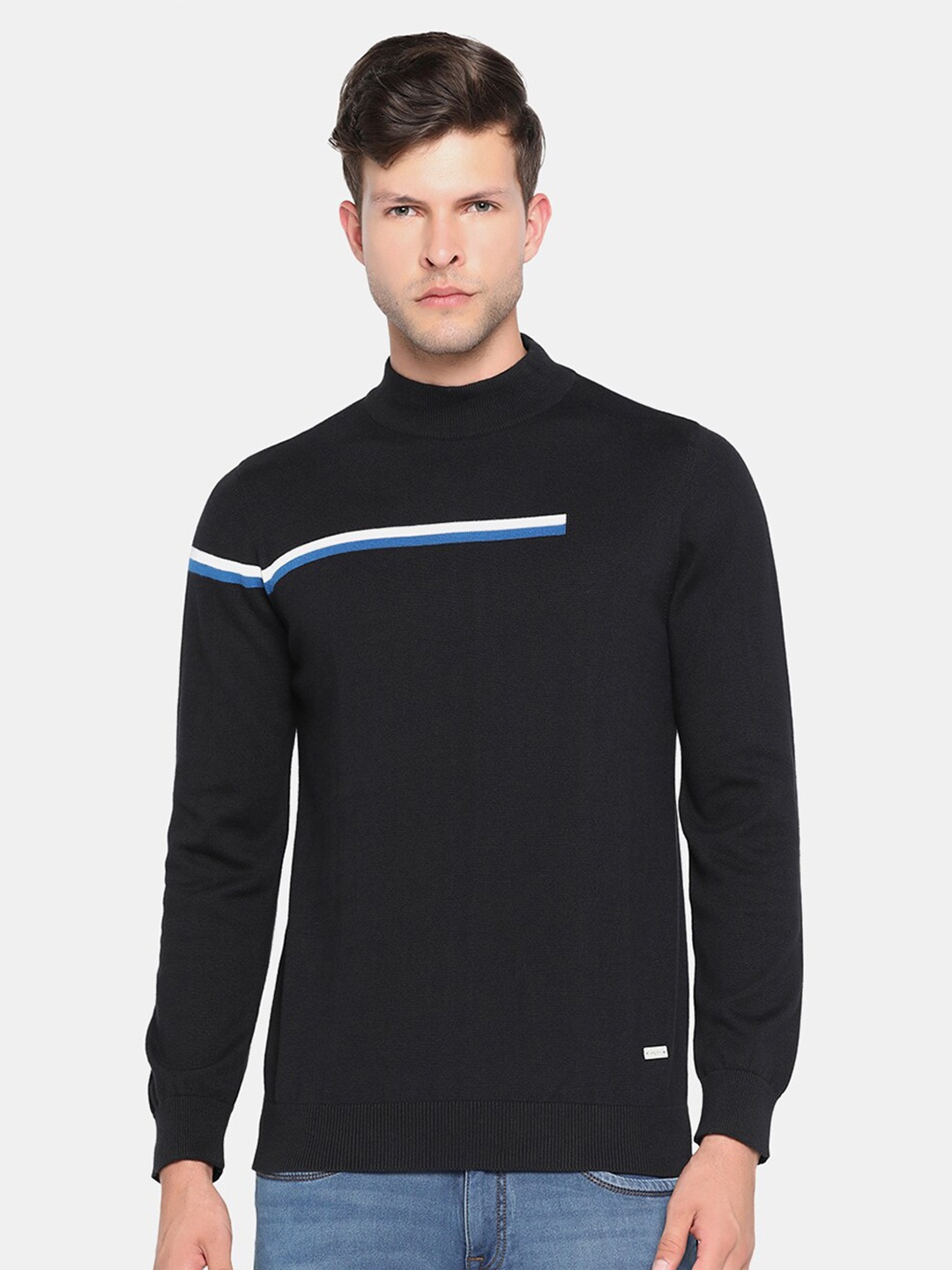 

Blackberrys Men Black & White Striped Cotton Pullover Sweater