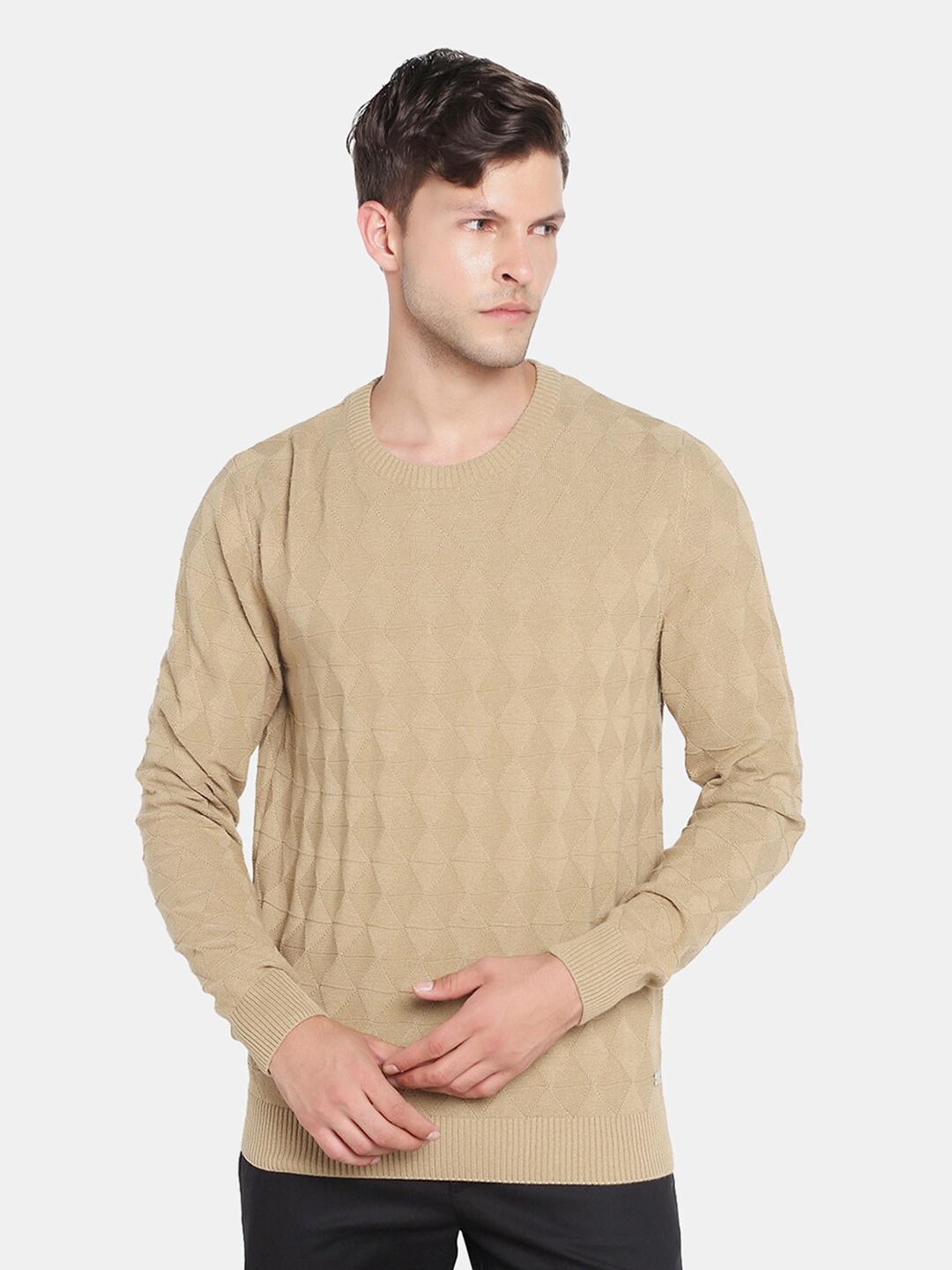 

Blackberrys Men Beige Self Design Cotton Pullover Sweater