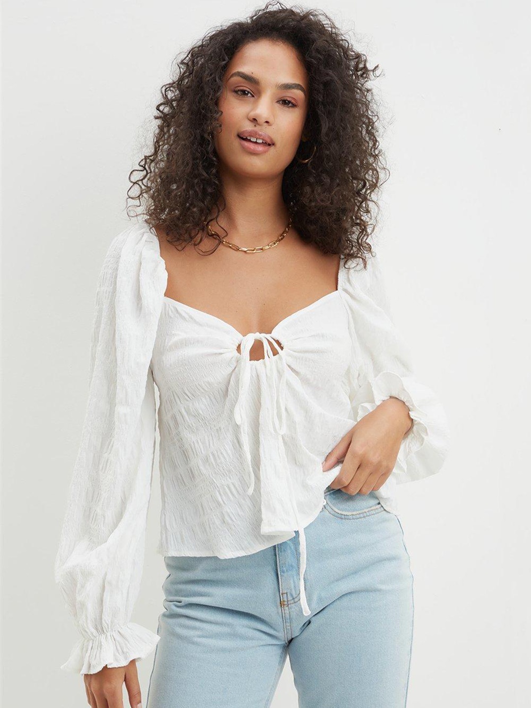 

DOROTHY PERKINS White Tie-Up Neck Volume Sleeve Textured Top