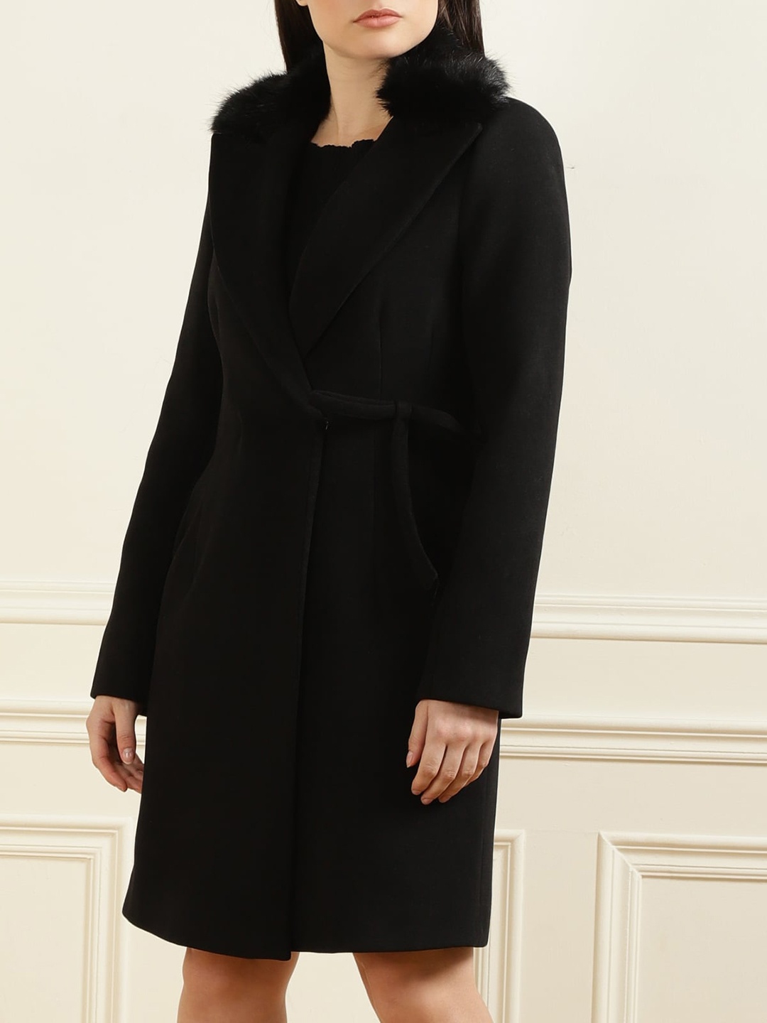 

Rinascimento Women Black Solid Trench Coat With Detachable Fur