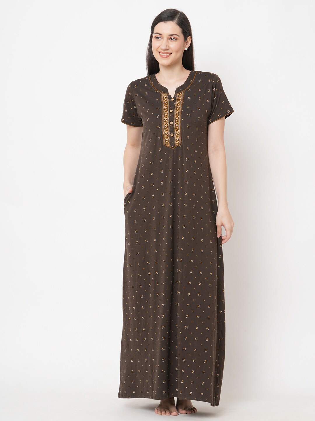 

Sweet Dreams Women Brown Printed Pure Cotton Maxi Nightdress