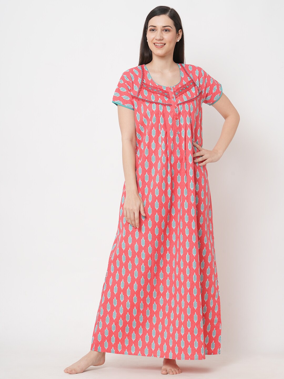 

Sweet Dreams Women Orange Printed Pure Cotton Maxi Nightdress, Coral