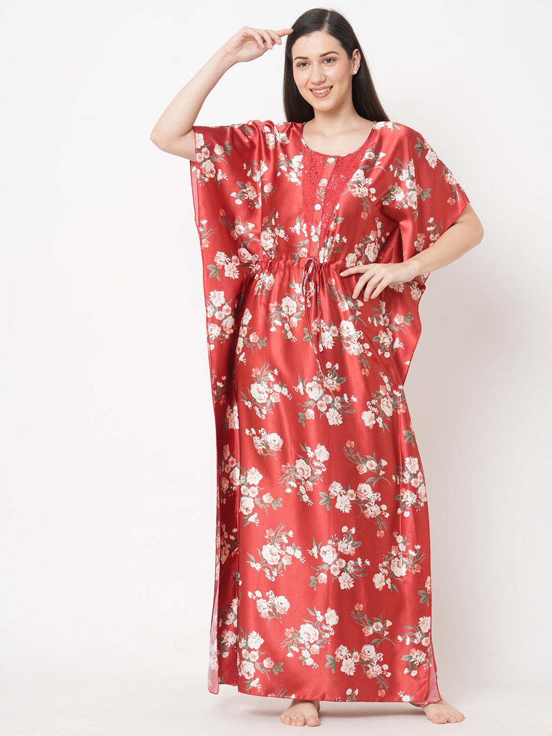 

Sweet Dreams Women Rust Red Printed Kaftan Maxi Nightdress