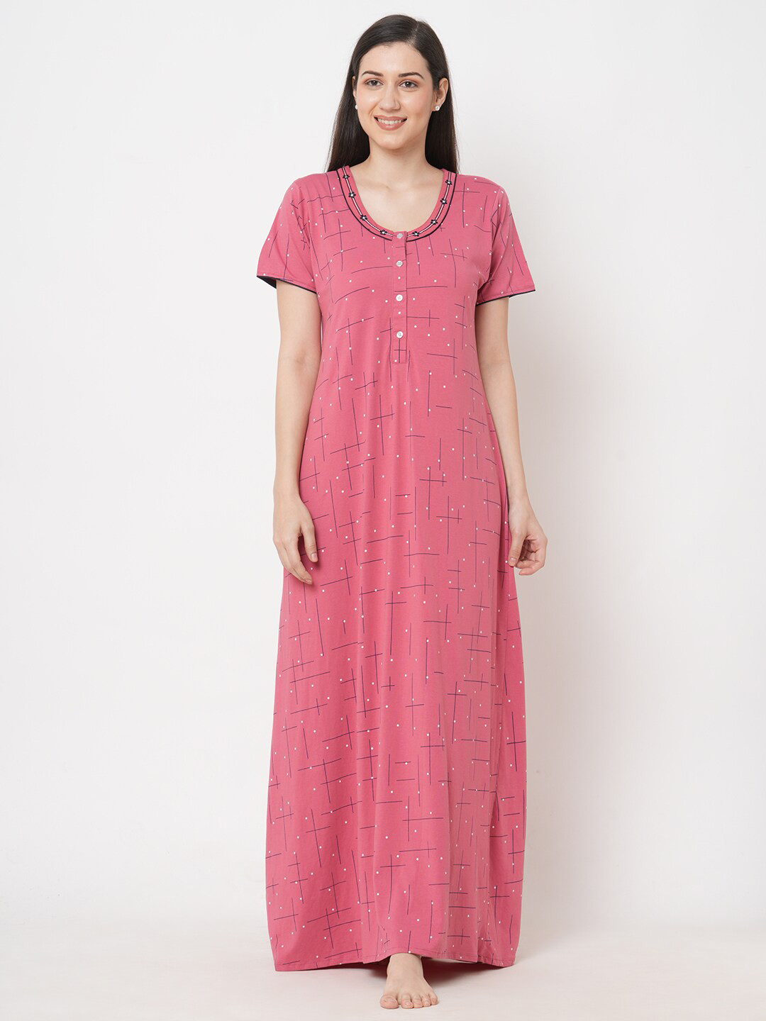 

Sweet Dreams Women Pink Printed Pure Cotton Maxi Nightdress, Rose