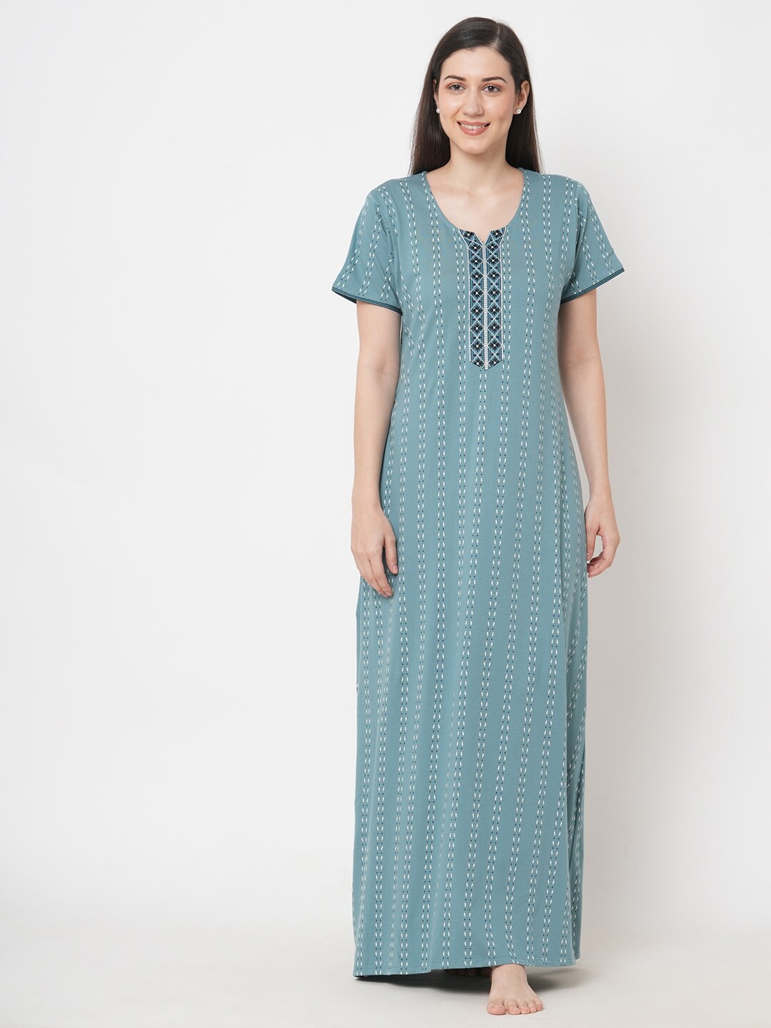 

Sweet Dreams Women Teal Blue Striped Pure Cotton Maxi Nightdress