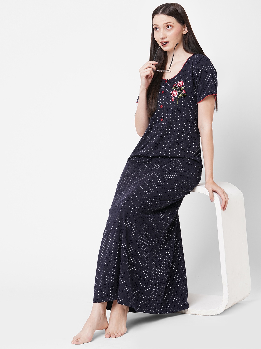 

Sweet Dreams Women Navy Blue Printed Pure Cotton Maxi Nightdress