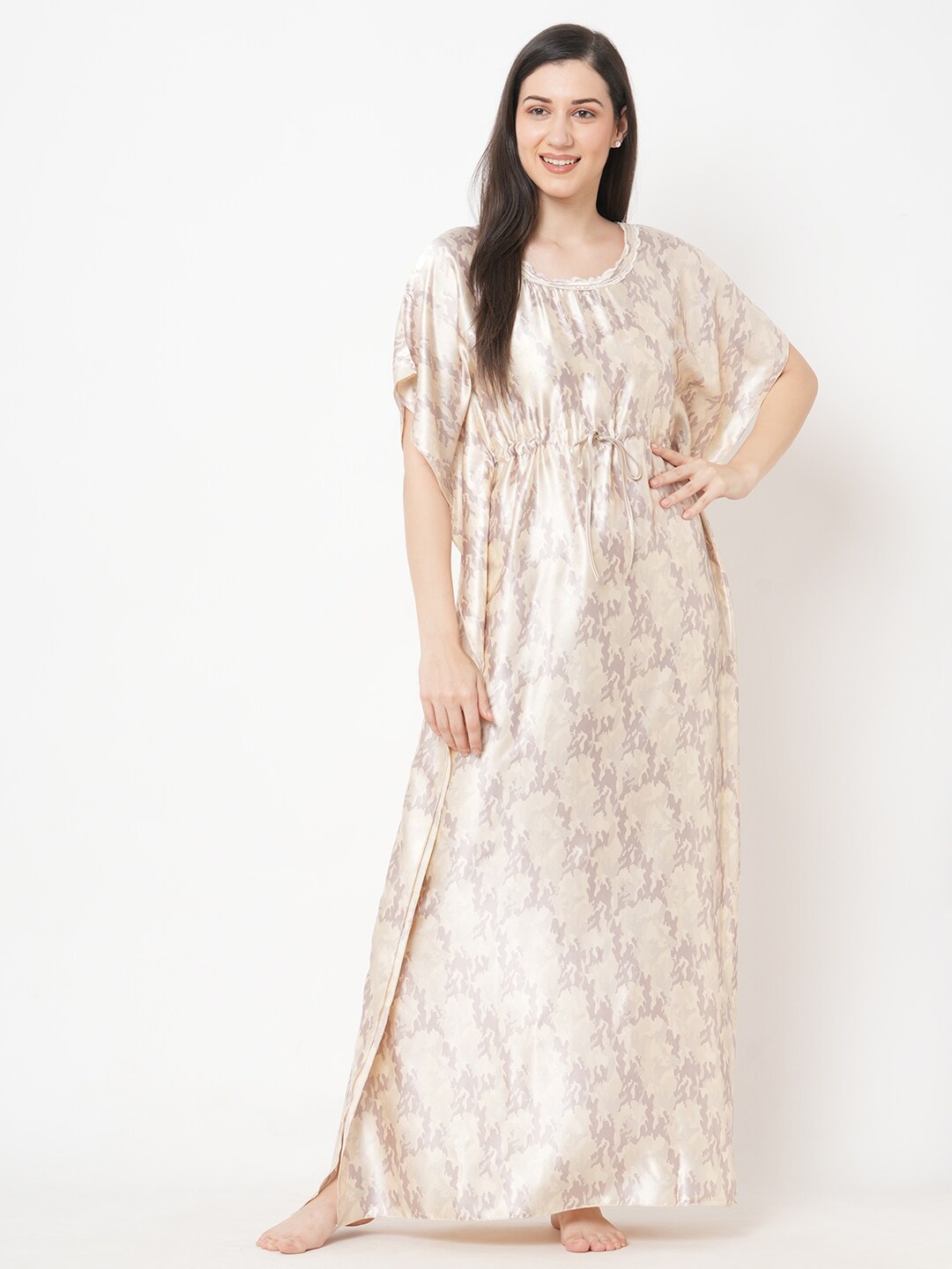 

Sweet Dreams Women Cream-Coloured Printed Kaftan Maxi Nightdress