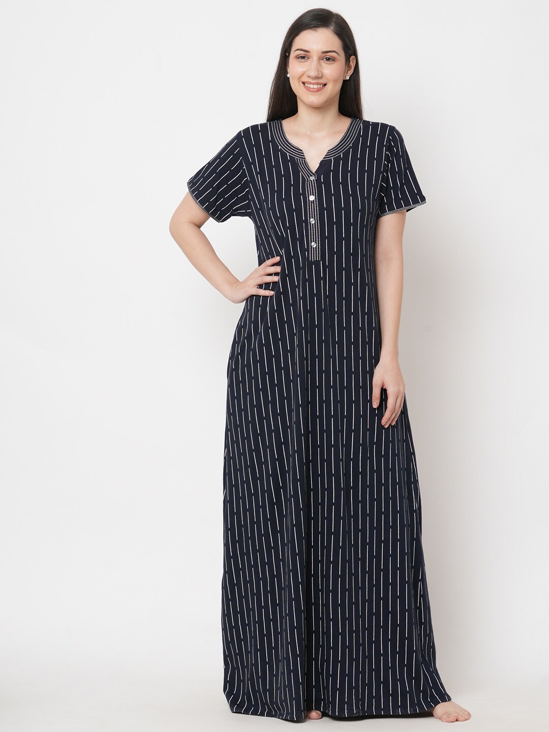 

Sweet Dreams Women Navy Blue Striped Pure Cotton Maxi Nightdress