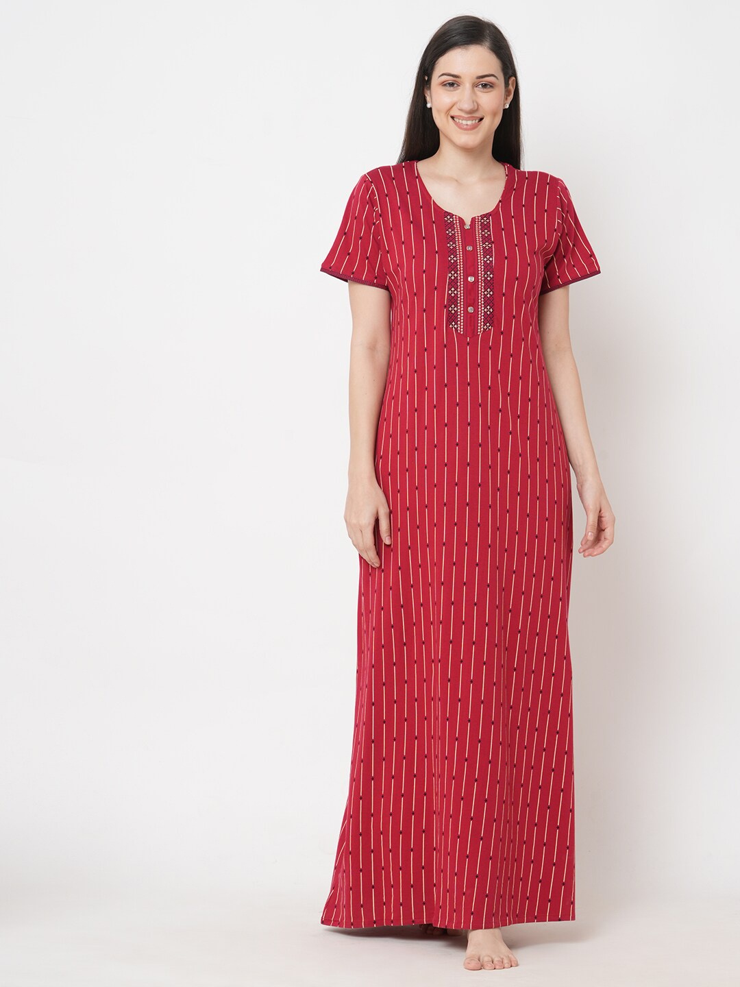 

Sweet Dreams Women Red Striped Pure Cotton Maxi Nightdress