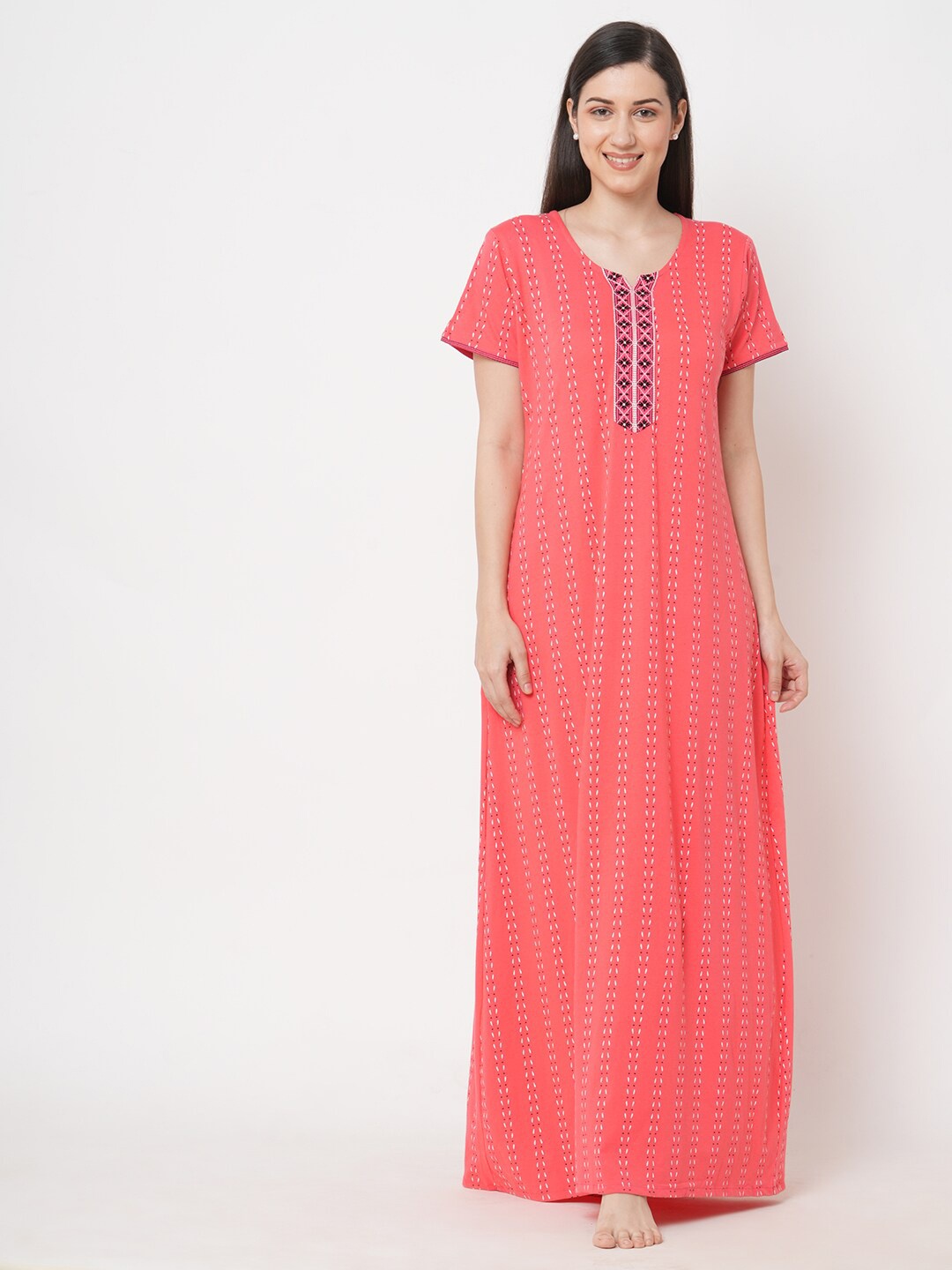 

Sweet Dreams Women Red Striped Pure Cotton Maxi Nightdress