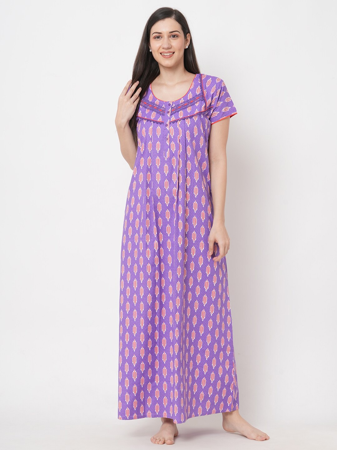 

Sweet Dreams Women Purple Printed Pure Cotton Maxi Nightdress