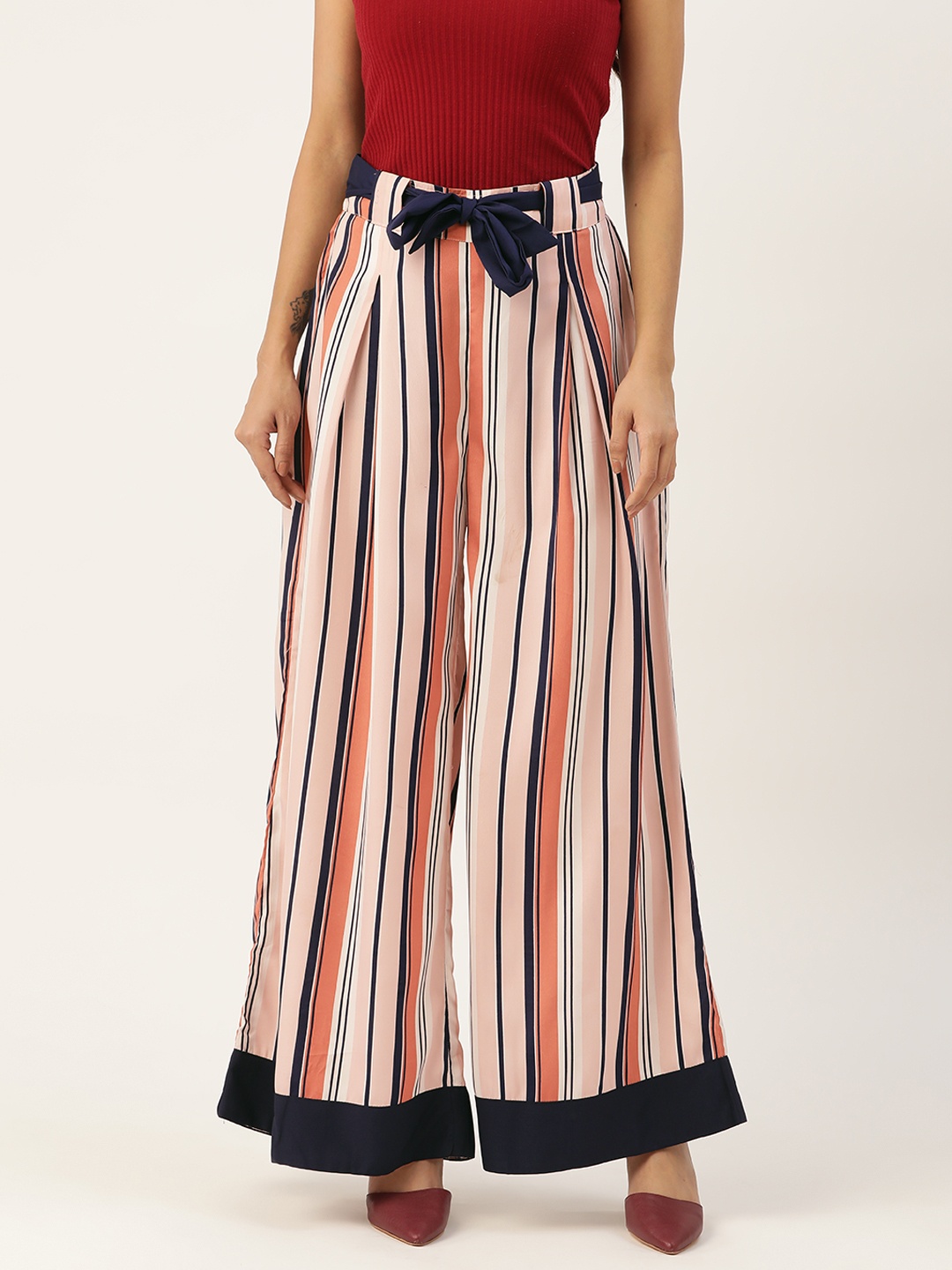 

Antheaa Women Peach-Coloured & Blue Striped Comfort Flared High-Rise Trousers