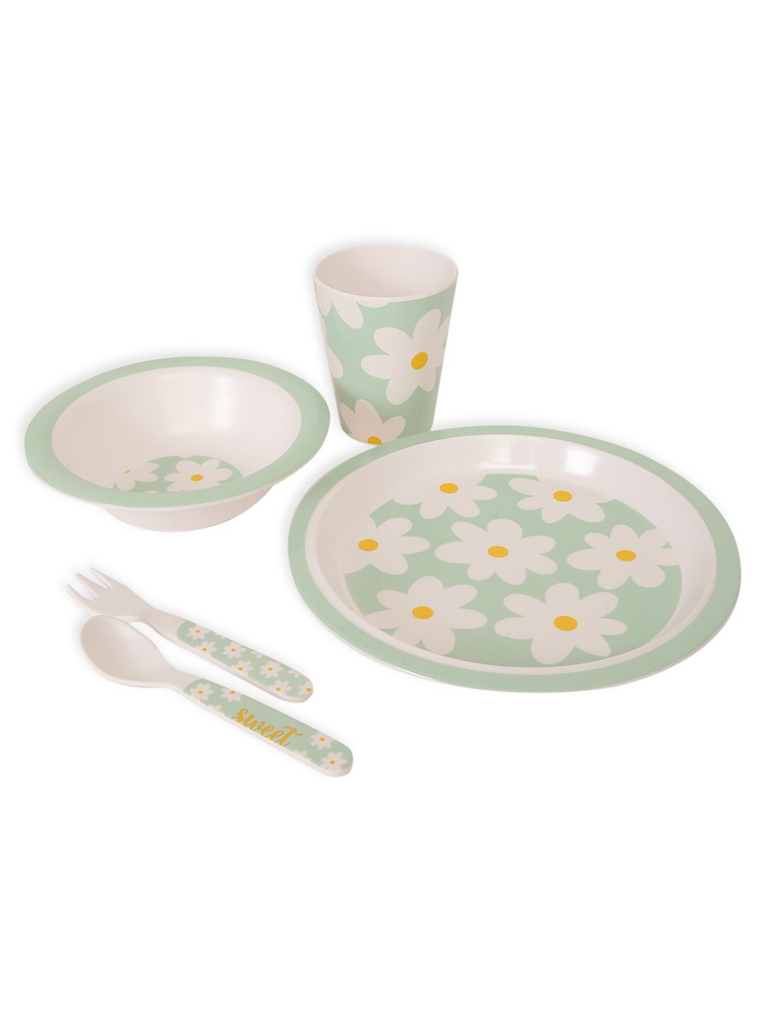

MiArcus White & Green Set of 5 Printed Dishwasher Safe Melamine Matte Dinner Set