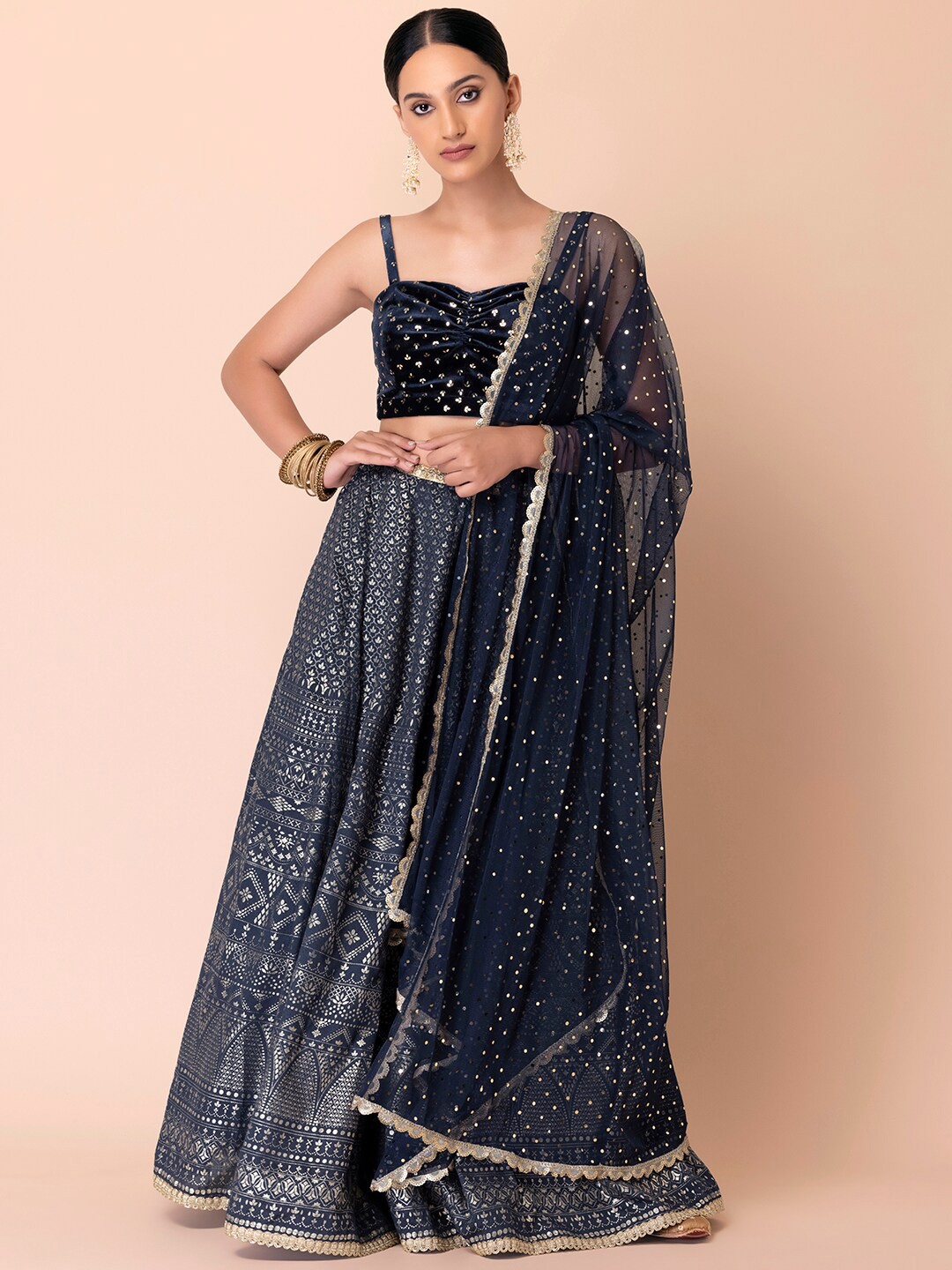

Indya Luxe Women Navy Blue & Silver-Toned Printed Ready to Wear Lehenga Set