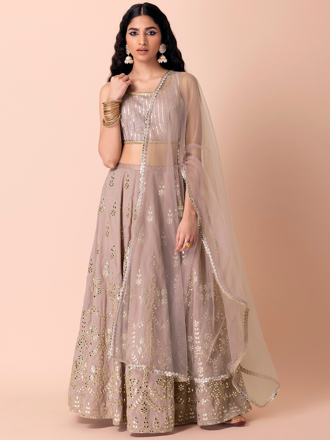 

Indya Luxe Women Pink & Gold-Toned Embellished Ready to Wear Lehenga & Blouse With Dupatta