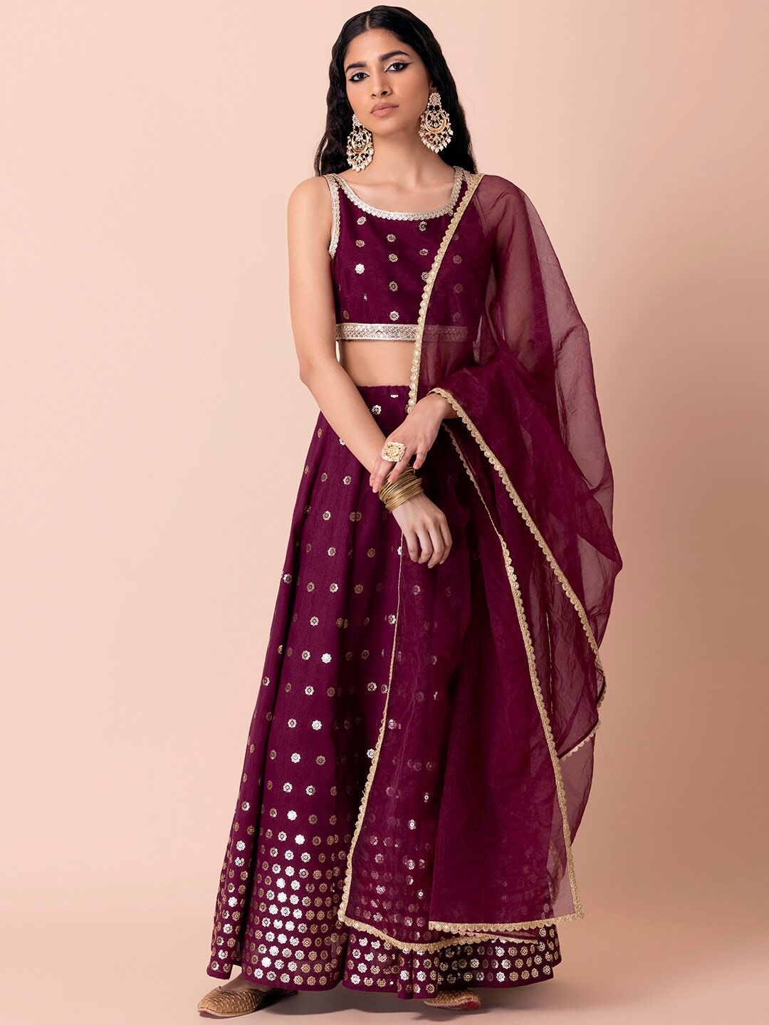 

Indya Luxe Purple & Gold-Toned Embroidered Lehenga & Blouse With Dupatta