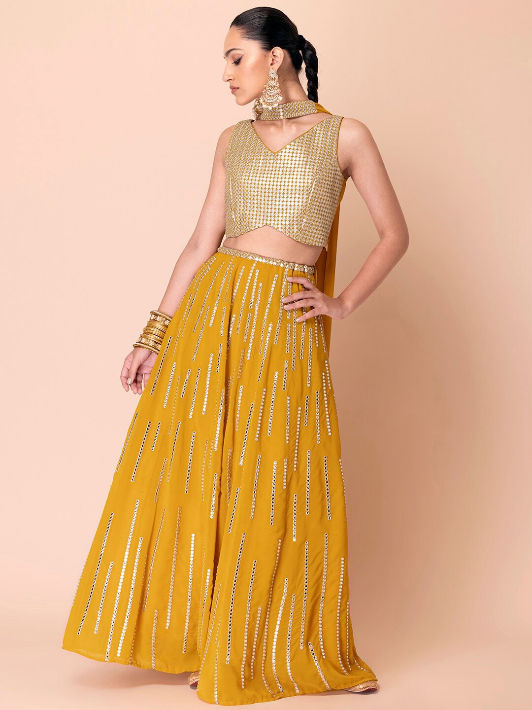 

Indya Luxe Yellow & Gold-Toned Embroidered Lehenga & Blouse With Dupatta