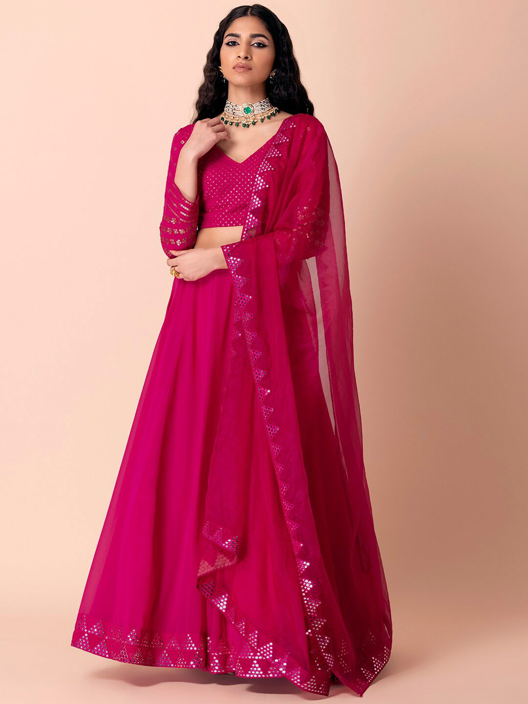 

Indya Luxe Pink & Gold-Toned Embroidered Sequinned Lehenga & Blouse With Dupatta