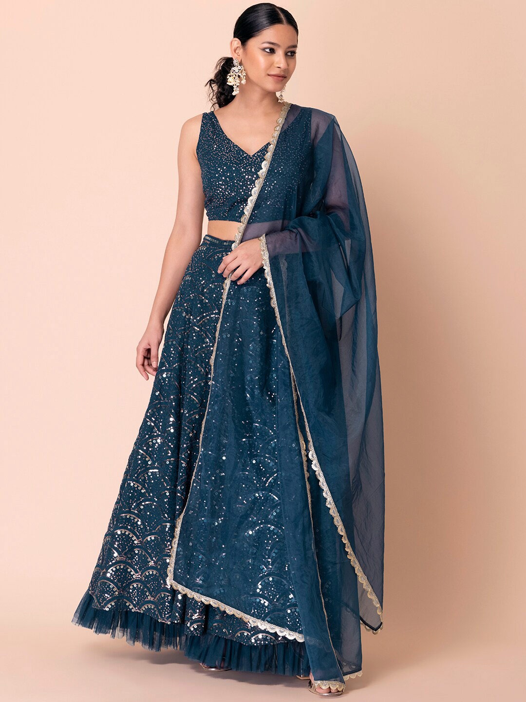 

Indya Luxe Blue Embroidered Lehenga & Blouse With Dupatta