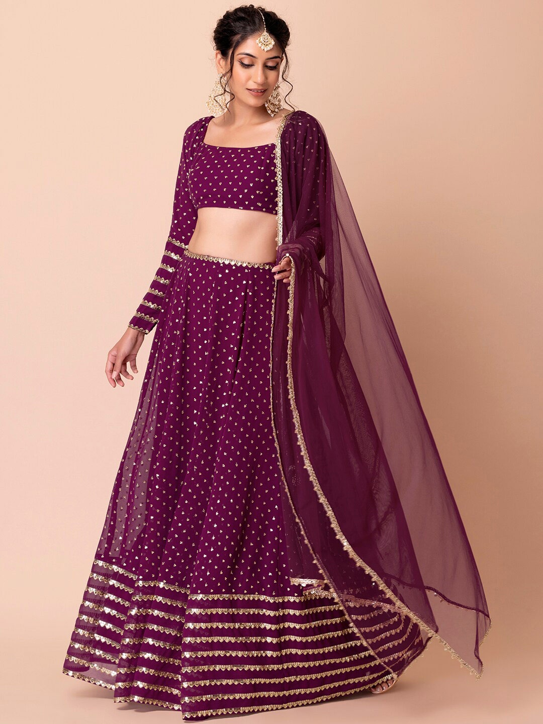 

Indya Luxe Purple & Gold-Toned Embroidered Lehenga & Blouse With Dupatta