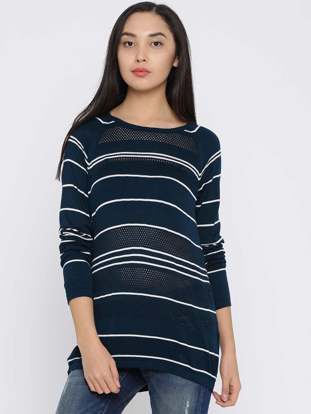 

Annabelle by Pantaloons Women Teal Blue Striped Sweater