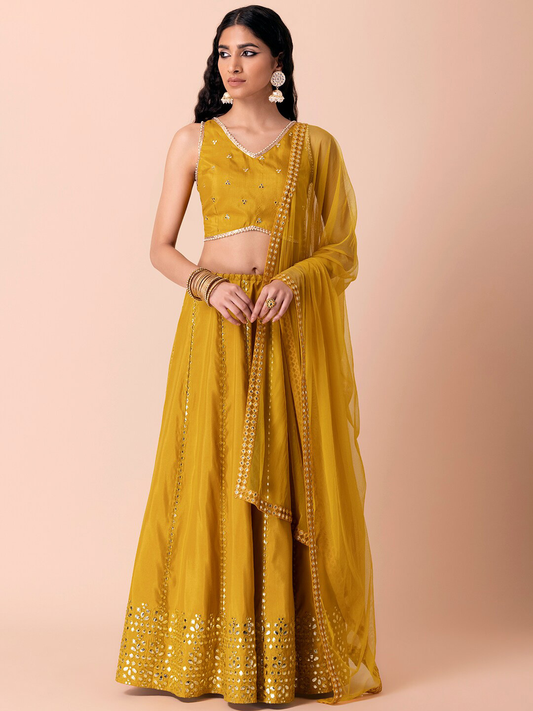 

Indya Luxe Yellow & Gold-Toned Embellished Lehenga & Blouse With Dupatta