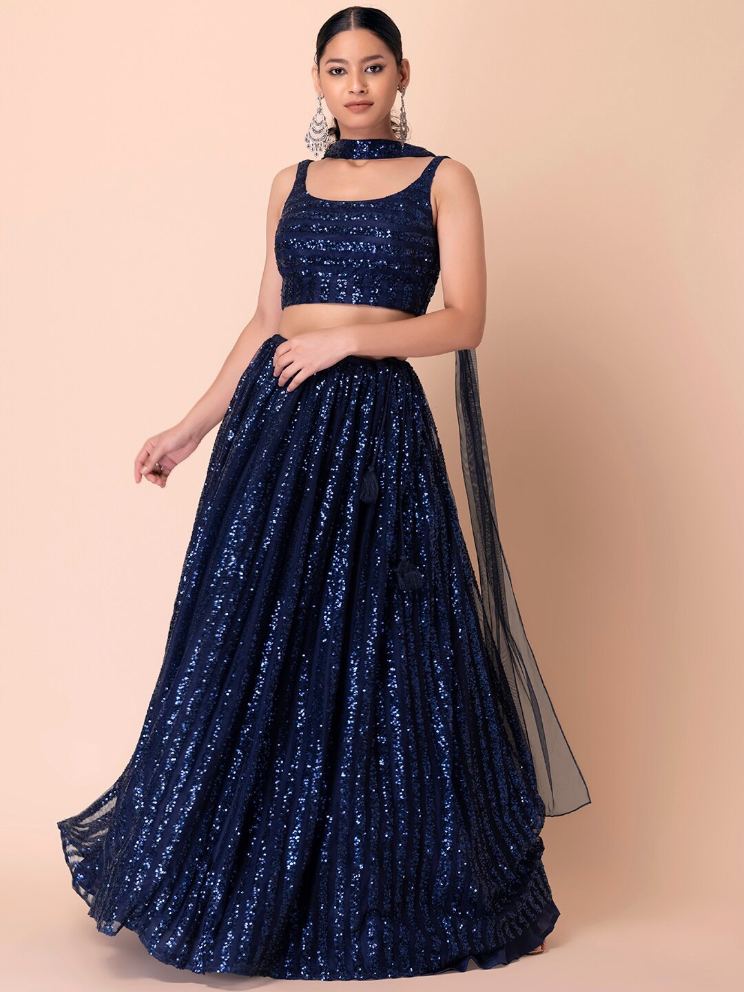 

Indya Luxe Navy Blue Embroidered Sequinned Lehenga & Blouse With Dupatta